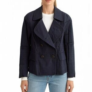 New Talbots 100% Cotton Navy Textured Double-Breasted Blazer. Size 6P